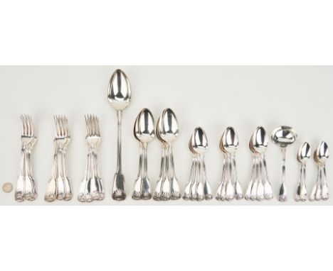 36 pieces sterling silver flatware attributed to Paul Storr, London, in the Fiddle, Shell and Thread pattern, including a stu