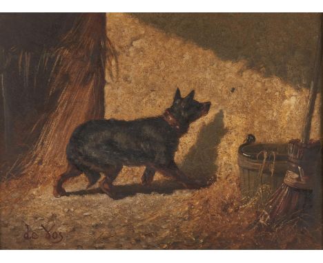 Vincent De Vos (Belgium, 1829-1875) oil on panel painting depicting a black and brown dog in a barn attentively watching a bu