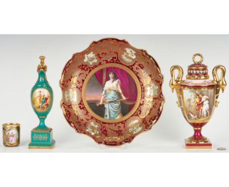 Four (4) European porcelain items, Royal Vienna and Dresden. 1st item: Royal Vienna porcelain cabinet plate, the center depic