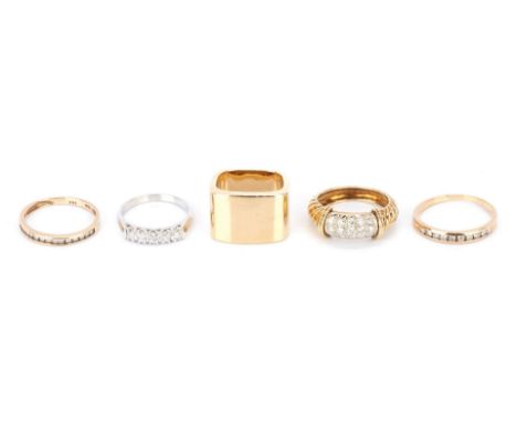 1st item: 18K yellow gold rectangular ring. The ring is marked "18K". The ring is 12.5mm wide and size 5. The gross weight of
