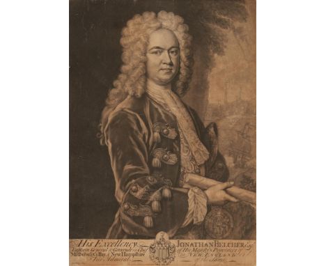 Important c. 1734 mezzotint portrait of Jonathan Belcher, the Colonial Governor of Massachusetts and founder of the College o