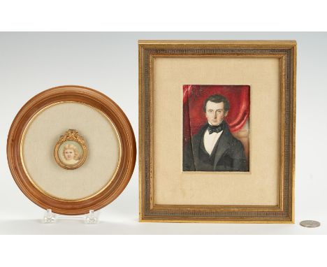 Two (2) miniature portraits. 1st item: American or British School, mid-19th century miniature watercolor portrait of a gentle