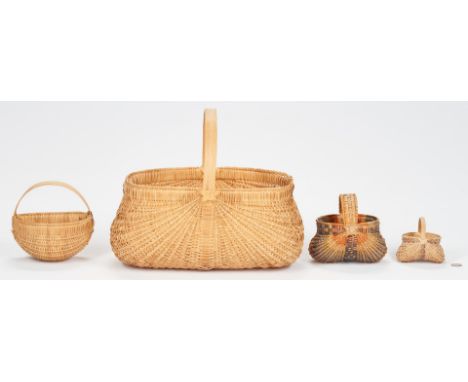 Grouping of four (4) Southern split oak baskets. Includes one (1) large oval market basket, one (1) small wall-hanging basket