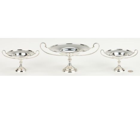 Set of three (3) English sterling silver tazzas or compotes, each of Neoclassical form with molded rim and two side handles, 