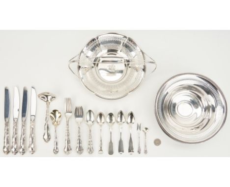 25 pieces of assorted sterling and coin silver holloware and flatware. Includes 1 Farmington sterling bowl with reticulated r