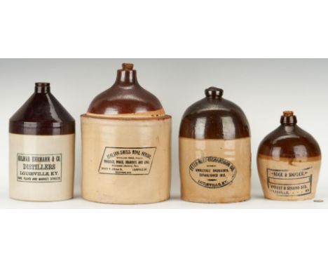 Four (4) Louisville, KY stoneware liquor advertising jugs. 1st item: Nock and Snyder Louisville, KY two-tone brown and white 