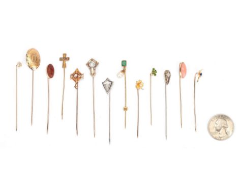 13 Ladies Gold Pins with Gemstones. 1st item: 10K yellow gold pin with one round brilliant diamond approximately 0.15 carats,