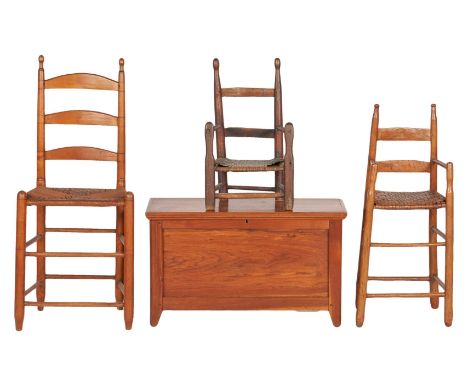 Three (3) East Tennessee Ladderback Chairs &amp; Miniature Chest. 1st item: East Tennessee child's ladderback armchair compri