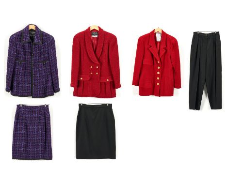 Six (6) Chanel designer clothing items, including two (2) piece wool skirt suit, two (2) wool blazers, one (1) pair of wool p