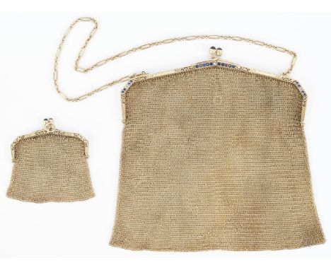 Tiffany &amp; Co. 14K gold mesh, sapphire, and diamond purse and coin purse, both engraved with the name of the early 20th ce