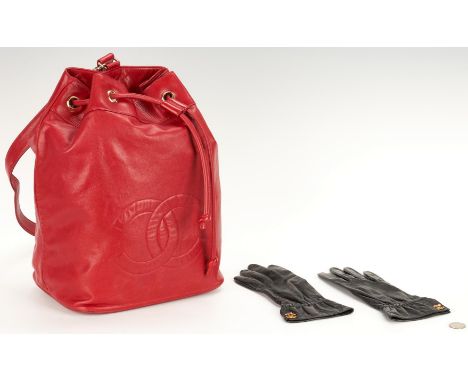 Chanel designer lambskin leather accessories, including one (1) bucket bag and one (1) pair of gloves, 3 items total. 1st ite
