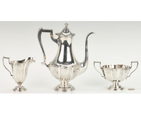 Meriden sterling silver coffee service, pattern #350, consisting of a coffee pot, creamer and open sugar. All pieces having f