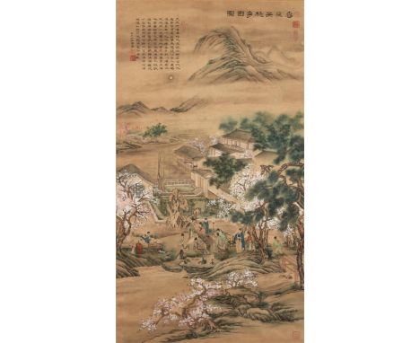 Large Chinese handpainted on paper scroll depicting a night time landscape scene with figures gathered by a river foreground,