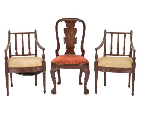 1st item: 18th century Queen Anne period side chair, curved top rail over a vasiform splat with scrolled volutes at crest and