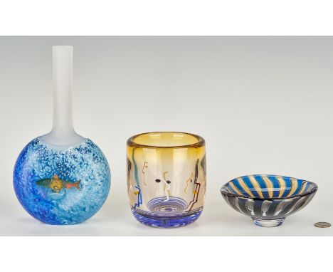 Three (3) Swedish art glass items. 1st item: Orrefors Ariel footed bowl, designed and signed by Edvin Ohrstrom and numbered 7