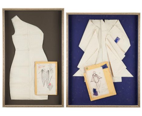 Two (2) Halston framed designer dress patterns and sketches used for clothes for actresses Liza Minnelli and Elizabeth Taylor