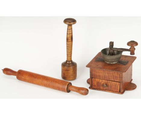 Group of three (3) 19th century American tiger maple kitchen items including a table top coffee grinder with dovetailed case 