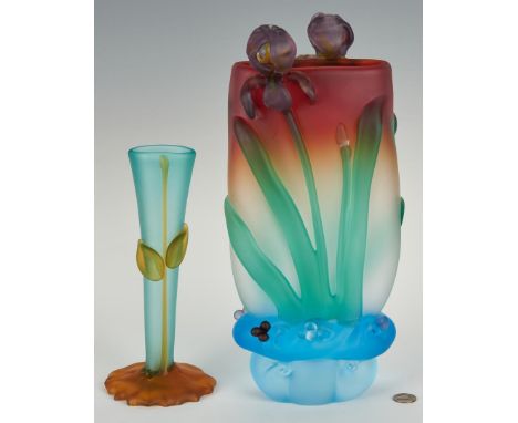 Two (2) Tommie Rush (American, born 1954) art glass vases. 1st item: Vase having an opaque clear body transitioning to garnet