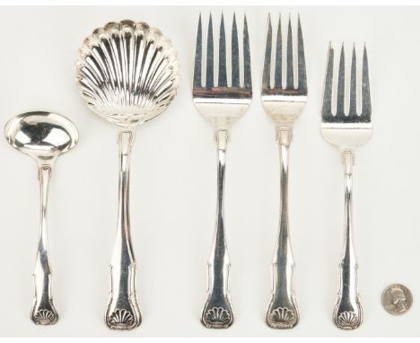 6 pieces S. Kirk &amp; Son sterling silver serving flatware, King Pattern (introduced 1825, discontinued 2007). Includes 2 se