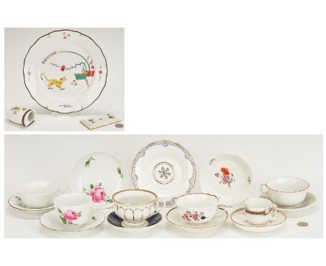 Eighteen (18) Meissen and KPM porcelain rarities, teacups, and saucers. 1st-3rd items: Three (3) Meissen porcelain rarities i