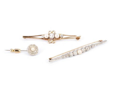 1st item: Ladies platinum and 18K yellow gold brooch featuring 1 cultured pearl approximately 5.2mm and 4 mine cut diamonds a