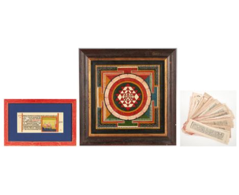 Indian or Southeast Asian Mandala, framed book page, and unbound book. 1st item: Mandala painted on linen, depicting a Wheel 