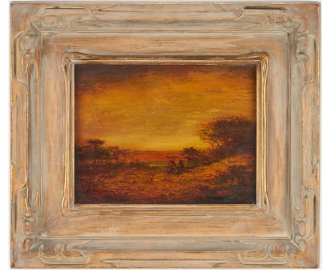 Hudson Kitchell (American, 1862-1944) oil on board landscape depicting a small group of Native Americans gathered around thei