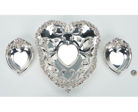 3 Gorham and Wallace Grand Baroque heart shaped sterling silver bowls. 1st item: Large Gorham heart shaped footed bowl, marke