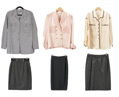 Six (6) Chanel designer clothing items, including three (3) grey wool skirts, three (3) blouses. 1st item: Grey wool pencil s