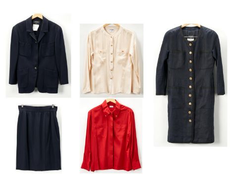 Five (5) Chanel designer clothing items, including two (2) jackets/coats, one (1) skirt, and two (2) blouses. 1st item: Navy 