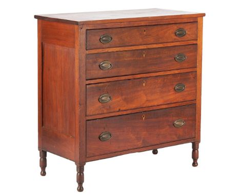 Middle Tennessee Sheraton walnut chest of drawers, Rutherford County, poplar secondary. Comprised of an overhanging top above