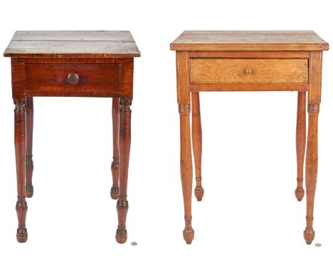 Two (2) Mid-Atlantic Sheraton tables, including tiger maple and walnut. 1st item: Tiger maple one-drawer stand in the origina