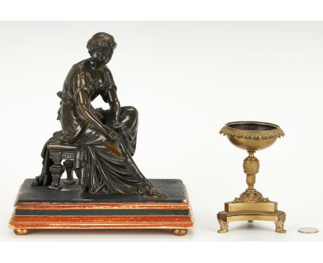 Two (2) bronze items, including Duchoiselle sculpture, miniature font or salt cellar. 1st item: Duchoiselle (French, 19th cen