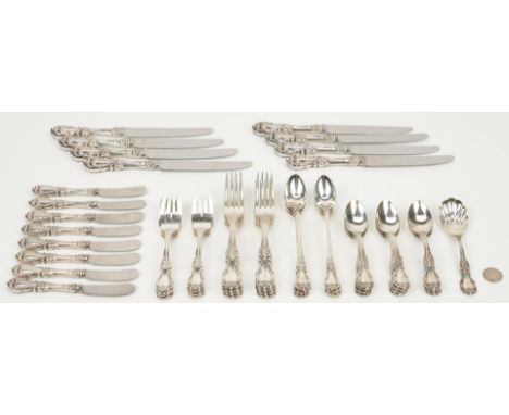 52 pieces Reed and Barton Burgundy pattern sterling silver flatware, including 8 hollow handle dinner knives (9 5/8" L), 8 di
