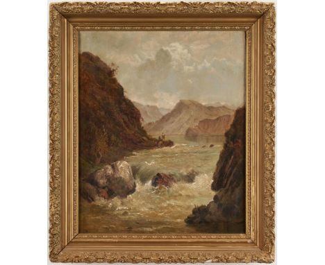 Alfred De Breanski Sr. (United Kingdom/Scotland, 1852-1928) oil on canvas seascape titled en verso "A Pole in The Highlands" 