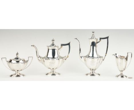 Gorham sterling silver tea and coffee service in the Plymouth pattern, comprised of tea pot (A2411, 1 3/4 pint) and coffee po