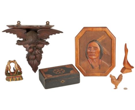 Group of six (6) assorted carved folk art items including: one (1) David Ludwig (York Co., PA) contemporary folk art Schimmel
