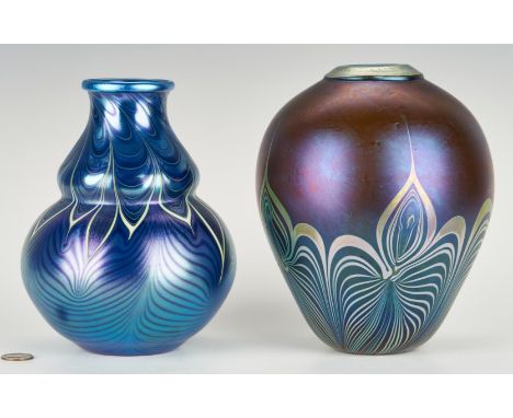Two (2) Art Glass vases, including Orient &amp; Flume. 1st item: Orient &amp; Flume gourd form art glass vase with pulled fea