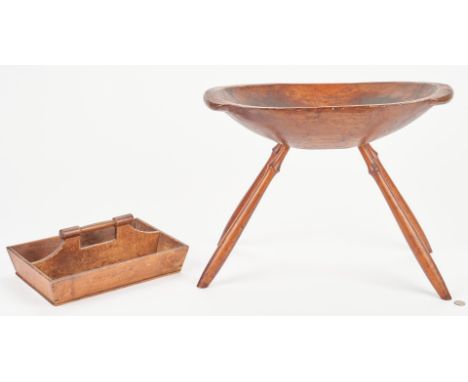 Two (2) wooden items, including American burlwood dough bowl and cutlery tray or knife box. 1st item: American burlwood dough