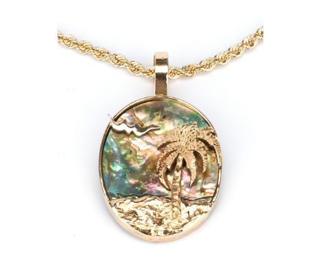 Grouping of one (1) ladies abalone pendant and one (1) 14K yellow gold rope necklace. 1st item: One ladies 14k yellow gold pe