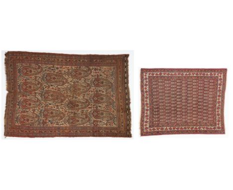 Two (2) Persian rugs, including Qashqai and Afshar. 1st item: Persian Qashqai wool carpet, 65" x 50", rows of boteh in shades