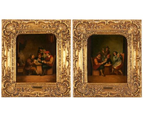 Pair of oil on board genre scenes, manner of David Teniers The Younger (Belgium, 1610-1690) depicting men seated in a tavern 