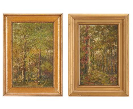 Two (2) Fernando Golsch (Kentucky/California, 1874-1952) oil on canvas forest landscape paintings, possibly Kentucky scenes. 