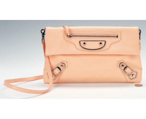 Balenciaga classic envelope light coral grained calfskin leather crossbody body, including detachable matching leather strap,