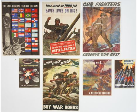 Seven (7) World War II United States propaganda posters by artists including Anton Otto Fischer, Mead Schaeffer, Koerner, and