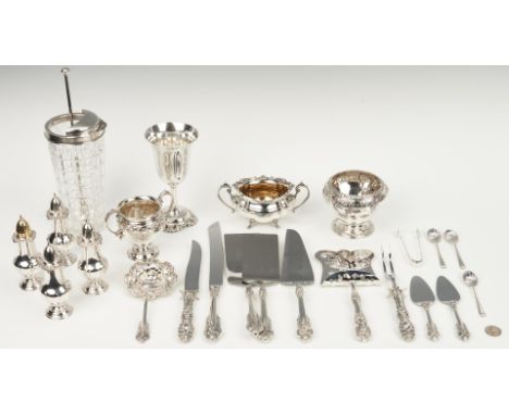 Group of Wallace Grand Baroque pattern sterling silver, Francis I sterling asparagus server, and a sterling and glass cocktai