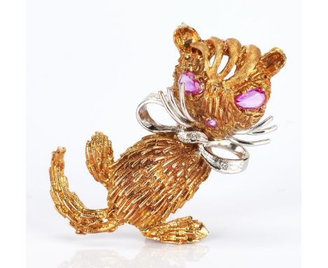 Ladies 18K yellow and white gold sitting cat pin with a bow featuring 3 single cut diamonds approximately 0.03 carats, Clarit