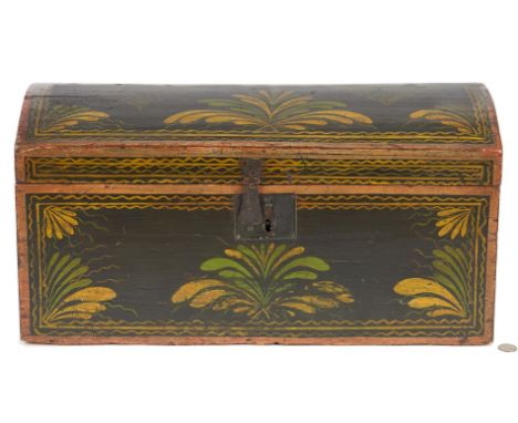 19th century painted dome top box comprised of white pine with polychrome painted geometric and floral designs on a black gro