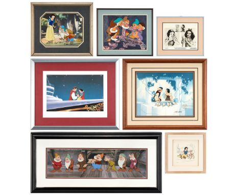 Seven (7) framed pieces of Walt Disney Snow White animation related art. Includes two (2) signed serigraph cels on offset lit