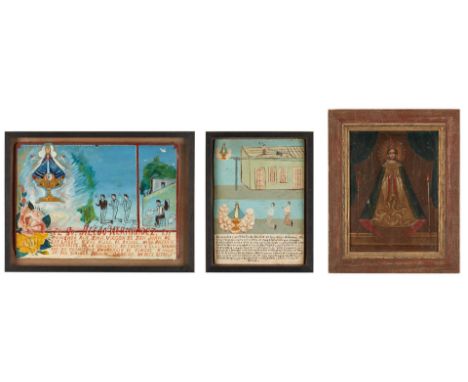 Three (3) oil on tin painted retablos. 1st item: Spanish Colonial School retablo painting titled "Our Lady of Juan de Los Lag